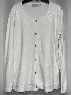 Quacker Factory White Sequin Button Front Cardigan Sweater Size L Cotton Blend